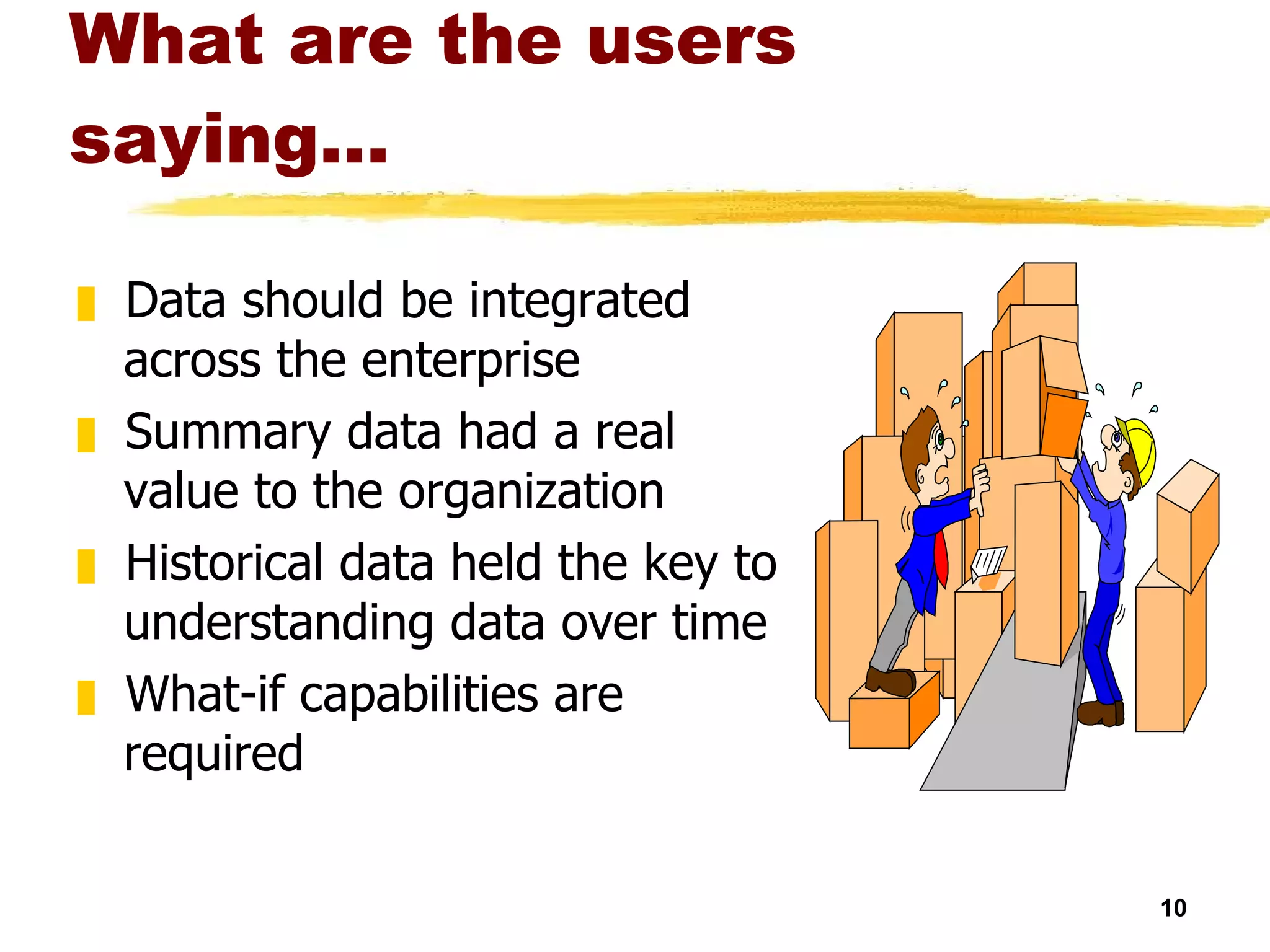 What are the users saying... Data should be integrated across the enterprise Summary data had a real value to the organization Historical data held the key to understanding data over time What-if capabilities are required 