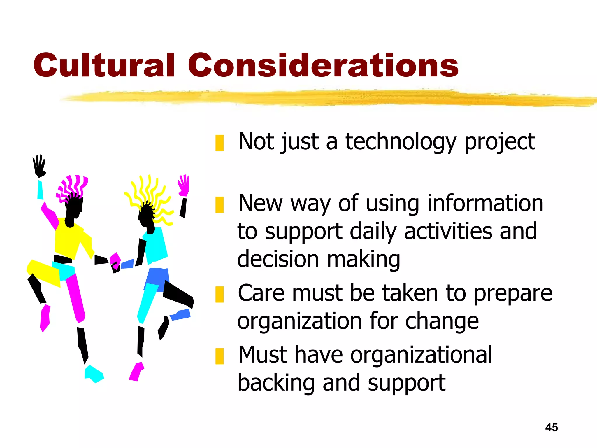 Cultural Considerations Not just a technology project New way of using information to support daily activities and decision making Care must be taken to prepare organization for change Must have organizational backing and support 