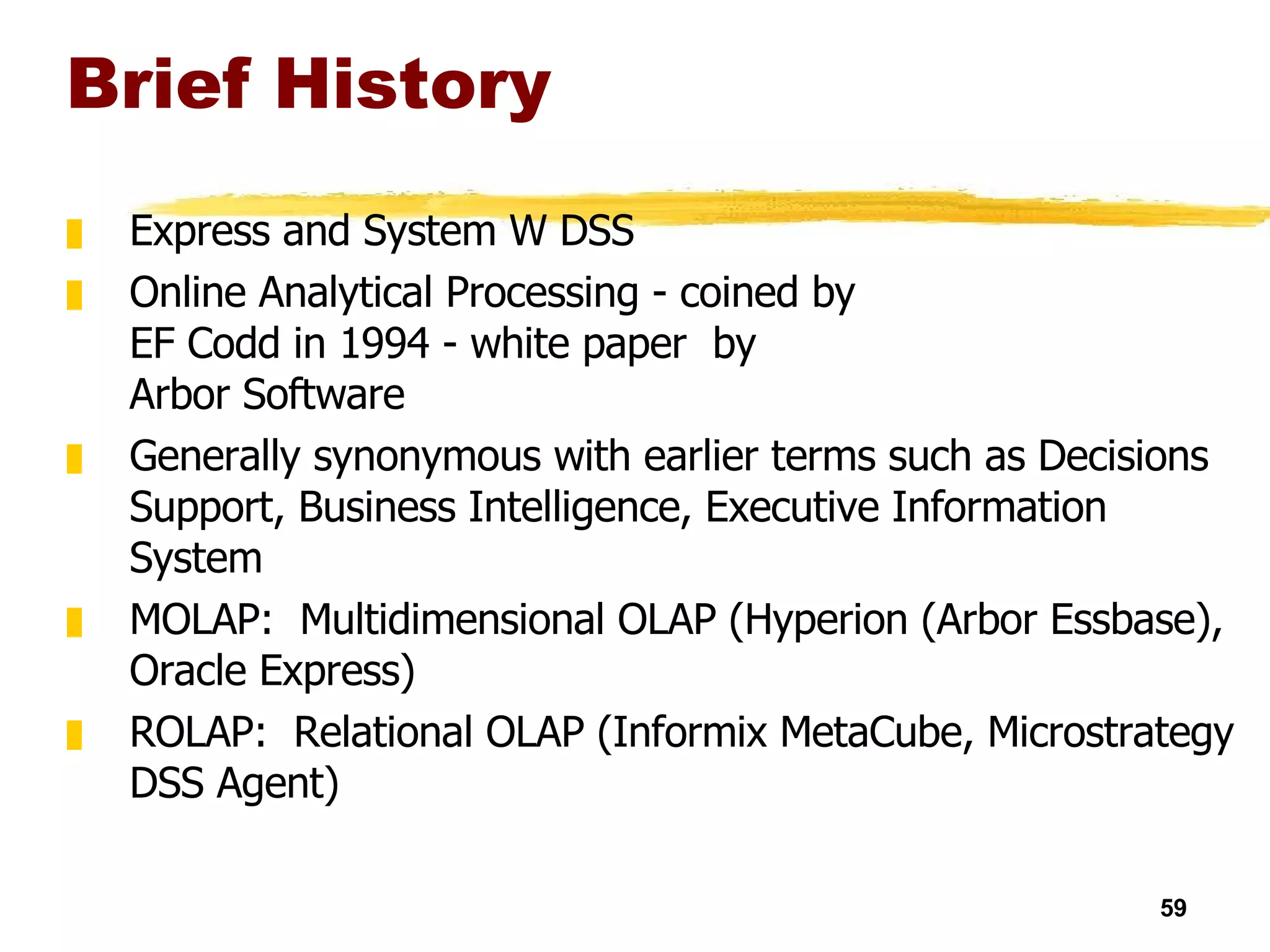 Brief History Express and System W DSS Online Analytical Processing - coined by  EF Codd in 1994 - white paper  by  Arbor Software Generally synonymous with earlier terms such as Decisions Support, Business Intelligence, Executive Information System MOLAP:  Multidimensional OLAP (Hyperion (Arbor Essbase), Oracle Express) ROLAP:  Relational OLAP (Informix MetaCube, Microstrategy DSS Agent) 