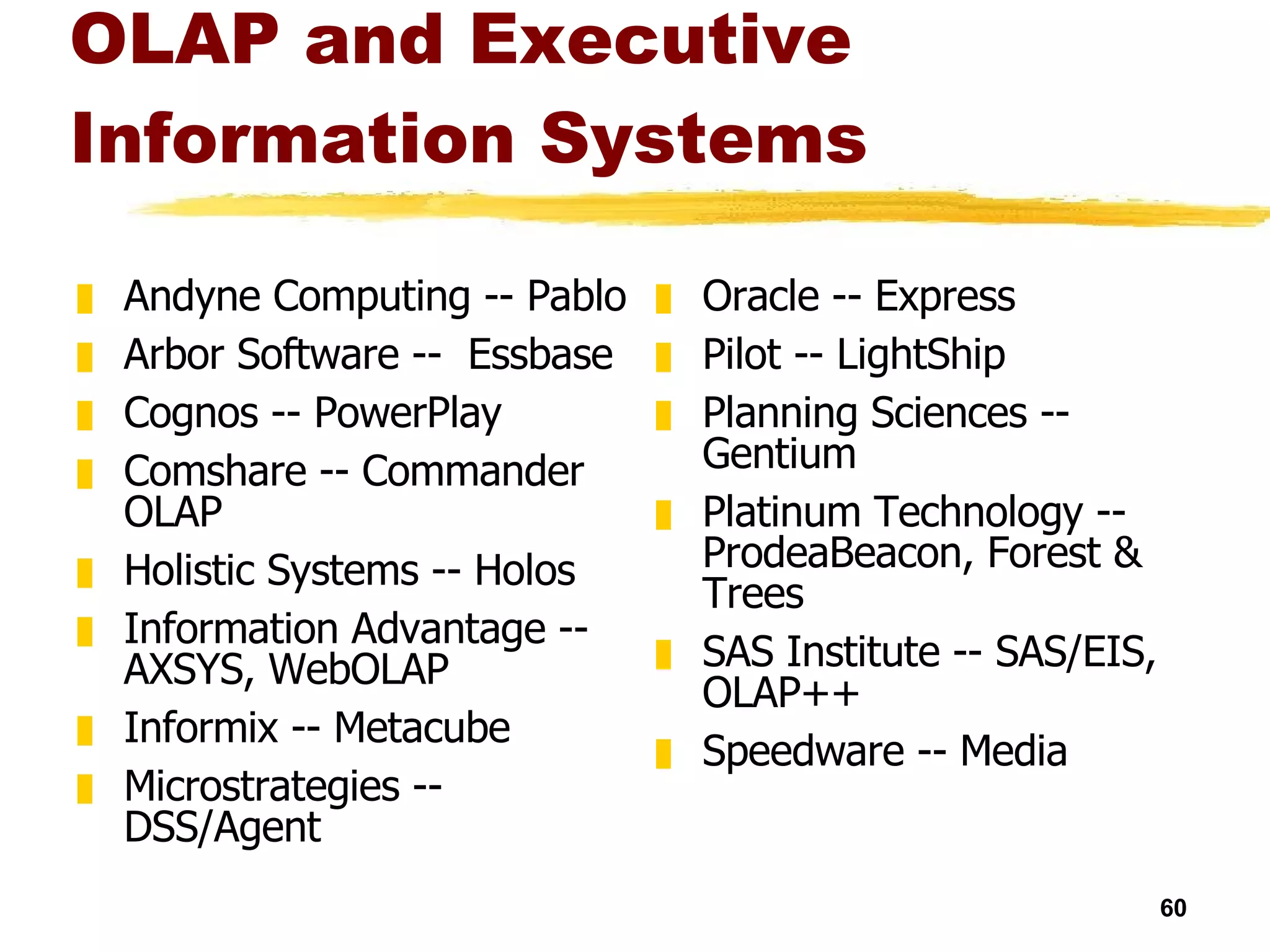 OLAP and Executive Information Systems Andyne Computing -- Pablo  Arbor Software --  Essbase  Cognos -- PowerPlay  Comshare -- Commander OLAP  Holistic Systems -- Holos  Information Advantage -- AXSYS, WebOLAP Informix -- Metacube Microstrategies --DSS/Agent Oracle -- Express  Pilot -- LightShip  Planning Sciences -- Gentium  Platinum Technology -- ProdeaBeacon, Forest & Trees  SAS Institute -- SAS/EIS, OLAP++ Speedware -- Media 