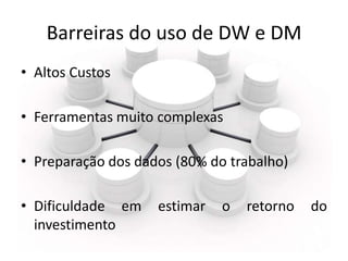 Barreiras do uso de DW e DM
• Altos Custos

• Ferramentas muito complexas

• Preparação dos dados (80% do trabalho)

• Dif...