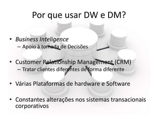 Por que usar DW e DM?

• Business Inteligence
  – Apoio à tomada de Decisões

• Customer Relationship Management (CRM)
  –...