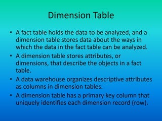 Dimension Table
• A fact table holds the data to be analyzed, and a
dimension table stores data about the ways in
which the data in the fact table can be analyzed.
• A dimension table stores attributes, or
dimensions, that describe the objects in a fact
table.
• A data warehouse organizes descriptive attributes
as columns in dimension tables.
• A dimension table has a primary key column that
uniquely identifies each dimension record (row).
 