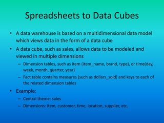 Spreadsheets to Data Cubes
• A data warehouse is based on a multidimensional data model
which views data in the form of a data cube
• A data cube, such as sales, allows data to be modeled and
viewed in multiple dimensions
– Dimension tables, such as item (item_name, brand, type), or time(day,
week, month, quarter, year)
– Fact table contains measures (such as dollars_sold) and keys to each of
the related dimension tables
• Example:
– Central theme: sales
– Dimensions: item, customer, time, location, supplier, etc.
 