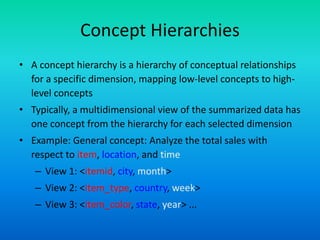 Concept Hierarchies
• A concept hierarchy is a hierarchy of conceptual relationships
for a specific dimension, mapping low-level concepts to high-
level concepts
• Typically, a multidimensional view of the summarized data has
one concept from the hierarchy for each selected dimension
• Example: General concept: Analyze the total sales with
respect to item, location, and time
– View 1: <itemid, city, month>
– View 2: <item_type, country, week>
– View 3: <item_color, state, year> ...
 