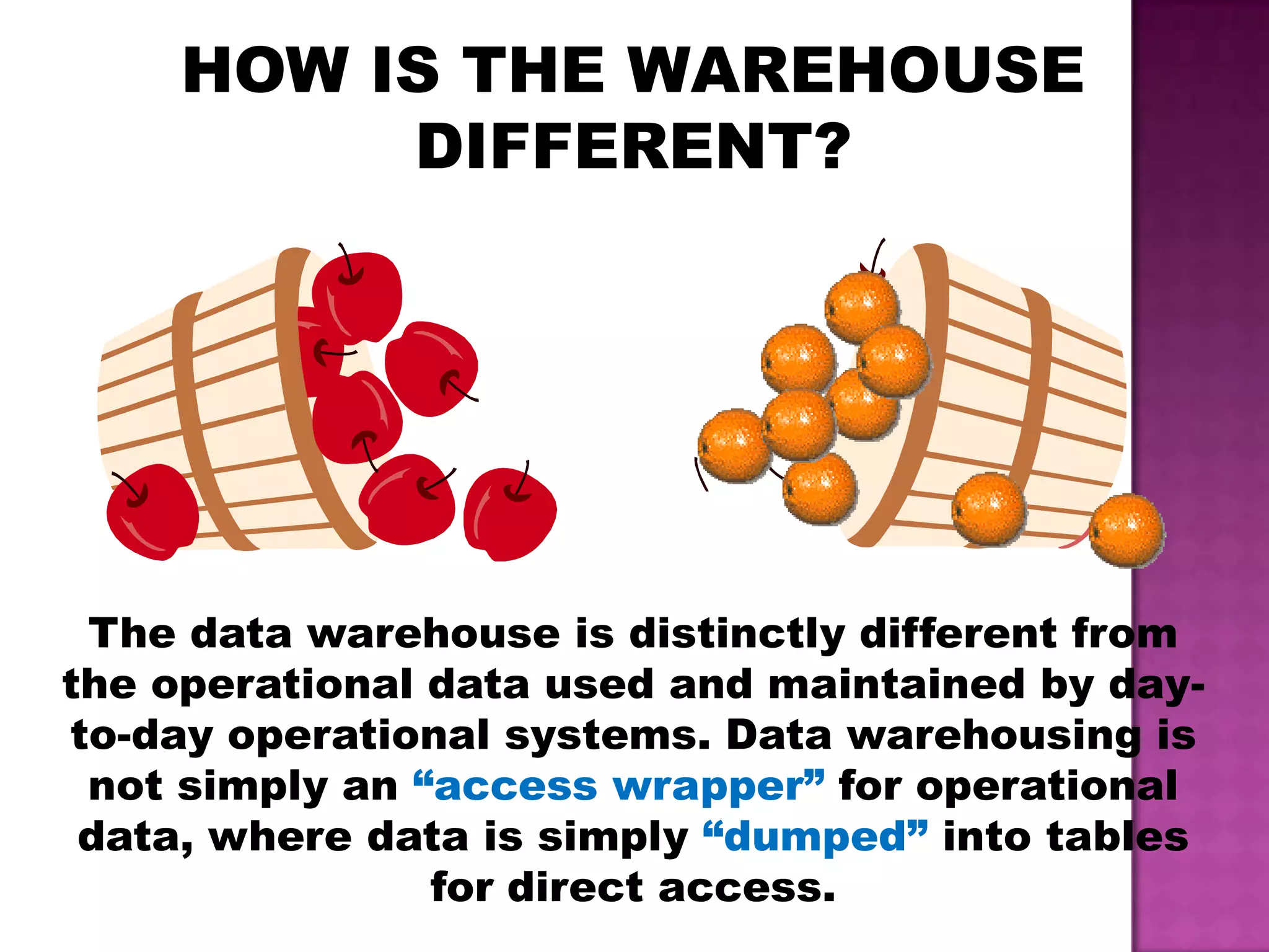 HOW IS THE WAREHOUSE
DIFFERENT?
The data warehouse is distinctly different from
the operational data used and maintained by day-
to-day operational systems. Data warehousing is
not simply an “access wrapper” for operational
data, where data is simply “dumped” into tables
for direct access.
 