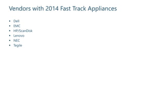 Vendors with 2014 Fast Track Appliances
 Dell
 EMC
 HP/ScanDisk
 Lenovo
 NEC
 Tegile
 
