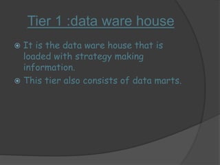 Tier 1 :data ware house 
 It is the data ware house that is 
loaded with strategy making 
information. 
 This tier also consists of data marts. 
 