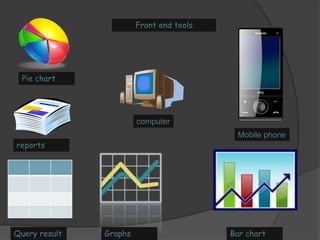 Pie chart 
reports 
Front end tools 
Mobile phone 
computer 
Query result Graphs Bar chart 
 