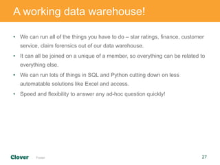 27Footer
• We can run all of the things you have to do – star ratings, finance, customer
service, claim forensics out of our data warehouse.
• It can all be joined on a unique of a member, so everything can be related to
everything else.
• We can run lots of things in SQL and Python cutting down on less
automatable solutions like Excel and access.
• Speed and flexibility to answer any ad-hoc question quickly!
A working data warehouse!
 