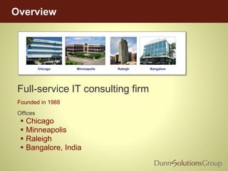 Full-service IT consulting firm
Founded in 1988
Offices
 Chicago
 Minneapolis
 Raleigh
 Bangalore, India
Overview
Chicago Minneapolis Raleigh Bangalore
 