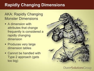 Rapidly Changing Dimensions
AKA: Rapidly Changing
Monster Dimensions
 A dimension with
attributes that change
frequently is considered a
rapidly changing
dimension
 Produces very large
dimension tables
 Cannot be handled with
Type 2 approach (gets
too big)
 
