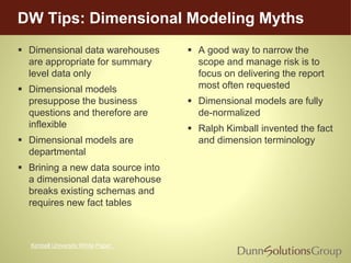 DW Tips: Dimensional Modeling Myths
 Dimensional data warehouses
are appropriate for summary
level data only
 Dimensional models
presuppose the business
questions and therefore are
inflexible
 Dimensional models are
departmental
 Brining a new data source into
a dimensional data warehouse
breaks existing schemas and
requires new fact tables
 A good way to narrow the
scope and manage risk is to
focus on delivering the report
most often requested
 Dimensional models are fully
de-normalized
 Ralph Kimball invented the fact
and dimension terminology
Kimball University White Paper
 