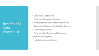 Benefits of a
Data
Warehouse
 Centralized Data Source
 Enhanced Business Intelligence
 Increased Query and System Performance
 Business Intelligence from Multiple Sources
 Timely Access to Data
 Enhanced Data Quality and Consistency
 Historical Intelligence
 High Return on Investment
 