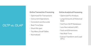 OLTP vs.OLAP
OnlineTransaction Processing
 Optimized forTransactions
 Concurrent Operations
 Consistent andAccurate
 Real-Time Data
 Short life span
 Too Many SmallTables
 Normalized
Online Analytical Processing
 Optimized For Analysis
 LargeAmounts of Historical
Data
 Fed From OLTP Databases
 Less Normalized (2NF)
 Facts and Dimensions
 Not Real-Time
 ExtractTransform and Load
(ETL)
 