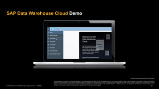 10INTERNAL© 2020 SAP SE or an SAP affiliate company. All rights reserved. ǀ
* According to SAP Data Warehouse Cloud Road Map
This presentation is not subject to your license agreement or any other agreement with SAP. SAP has no obligation to pursue any course of business outlined in this presentation or to develop or release any functionality
mentioned in this presentation. This presentation and SAP's strategy and possible future developments are subject to change and may be changed by SAP at any time for any reason without notice. This document is provided
without a warranty of any kind, either express or implied, including but not limited to, the implied warranties of merchantability, fitness for a particular purpose, or non-infringement. SAP assumes no responsibility for errors or
omissions in this document, except if such damages were caused by SAP intentionally or grossly negligent.
SAP Data Warehouse Cloud Demo
 
