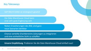 ISR Information Products AG | isr.de19
Key Takeaways
Die Data Warehouse Cloud kann
eine sehr gute Ergänzung sein
Unsere Empfehlung: Probieren Sie die Data Warehouse Cloud einfach aus!
Neben Erweiterungen des BW, sind ganz
neue Szenarien denkbar
SAP BW/4 HANA ist strategisch gesetzt
Chance verteilte (Fachbereichs-)Lösungen zu integrieren
und eine einheitliche Sicht zu schaffen
 