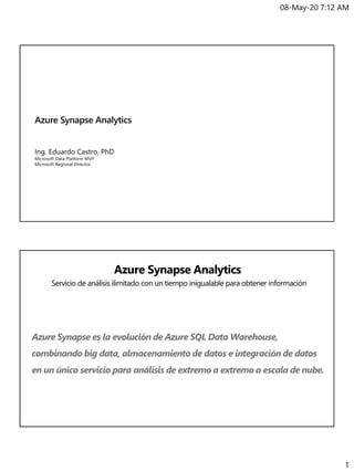 08-May-20 7:12 AM
1
Azure Synapse es la evolución de Azure SQL Data Warehouse,
combinando big data, almacenamiento de datos e integración de datos
en un único servicio para análisis de extremo a extremo a escala de nube.
Azure Synapse Analytics
Servicio de análisis ilimitado con un tiempo inigualable para obtener información
 