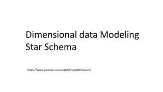 Dimensional data Modeling
Star Schema
https://www.youtube.com/watch?v=patBYUGwsHE
 