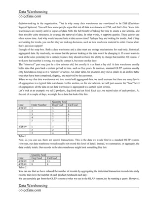 Data Warehousing
obieefans.com
decision-making in the organization. That is why many data warehouses are considered to be DSS (Decision-
Support Systems). You will hear some people argue that not all data warehouses are DSS, and that’s fine. Some data
warehouses are merely archive copies of data. Still, the full benefit of taking the time to create a star schema, and
then possibly cube structures, is to speed the retrieval of data. In other words, it supports queries. These queries are
often across time. And why would anyone look at data across time? Perhaps they are looking for trends. And if they
are looking for trends, you can bet they are making decisions, such as how much raw material to order. Guess what:
that’s decision support!
Enough of the soap box. Both a data warehouse and a data mart are storage mechanisms for read-only, historical,
aggregated data. By read-only, we mean that the person looking at the data won’t be changing it. If a user wants to
look at the sales yesterday for a certain product, they should not have the ability to change that number. Of course, if
we know that number is wrong, we need to correct it, but more on that later.
The “historical” part may just be a few minutes old, but usually it is at least a day old. A data warehouse usually
holds data that goes back a certain period in time, such as five years. In contrast, standard OLTP systems usually
only hold data as long as it is “current” or active. An order table, for example, may move orders to an archive table
once they have been completed, shipped, and received by the customer.
When we say that data warehouses and data marts hold aggregated data, we need to stress that there are many levels
of aggregation in a typical data warehouse. In this section, on the star schema, we will just assume the “base” level
of aggregation: all the data in our data warehouse is aggregated to a certain point in time.
Let’s look at an example: we sell 2 products, dog food and cat food. Each day, we record sales of each product. At
the end of a couple of days, we might have data that looks like this:

                                 Quantity Sold
Date        Order Number         Dog Food        Cat Food
4/24/99     1                    5               2
            2                    3               0
            3                    2               6
            4                    2               2
            5                    3               3

4/25/99     1                    3               7
            2                    2               1
            3                    4               0
Table 1
Now, as you can see, there are several transactions. This is the data we would find in a standard OLTP system.
However, our data warehouse would usually not record this level of detail. Instead, we summarize, or aggregate, the
data to daily totals. Our records in the data warehouse might look something like this:

             Quantity Sold
Date         Dog Food      Cat Food
4/24/99      15            13
4/25/99      9             8
Table 2
You can see that we have reduced the number of records by aggregating the individual transaction records into daily
records that show the number of each product purchased each day.
We can certainly get from the OLTP system to what we see in the OLAP system just by running a query. However,

Data Warehousing
obieefans.com
 
