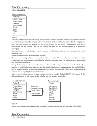 Data Warehousing
obieefans.com




Figure 7
Notice that both Category and Subcategory are stored in the table and not linked in through joined tables that store
the hierarchy information. This hierarchy allows us to perform “drill-down” functions on the data. We can perform a
query that performs sums by category. We can then drill-down into that category by calculating sums for the
subcategories for that category. We can the calculate the sums for the individual products in a particular
subcategory.
The actual sums we are calculating are based on numbers stored in the fact table. We will examine the fact table in
more detail later.
Consolidated Dimensional Hierarchies (Star Schemas)
The above example (Figure 7) shows a hierarchy in a dimension table. This is how the dimension tables are built in
a star schema; the hierarchies are contained in the individual dimension tables. No additional tables are needed to
hold hierarchical information.
Storing the hierarchy in a dimension table allows for the easiest browsing of our dimensional data. In the above
example, we could easily choose a category and then list all of that category’s subcategories. We would drill-down
into the data by choosing an individual subcategory from within the same table. There is no need to join to an
external table for any of the hierarchical informaion.
In this overly-simplified example, we have two dimension tables joined to the fact table. We will examine the fact
table later. For now, we will assume the fact table has only one number: SalesDollars.




Figure 8
In order to see the total sales for a particular month for a particular category, our SQL query has to be defined.




Data Warehousing
obieefans.com
 