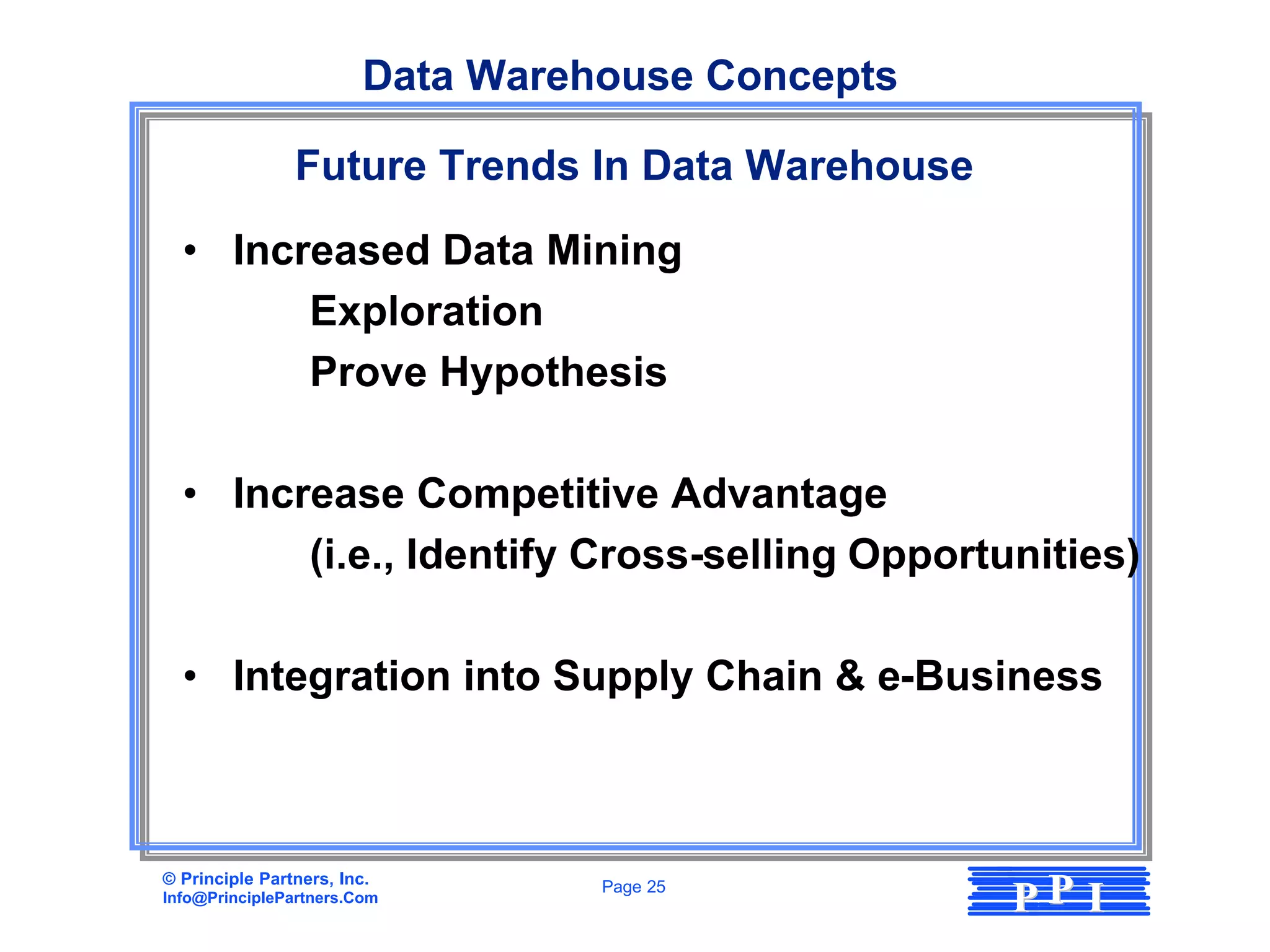 Data Warehouse Concepts

                Future Trends In Data Warehouse

  • Increased Data Mining
        Exploration
        Prove Hypothesis

  • Increase Competitive Advantage
        (i.e., Identify Cross-selling Opportunities)

  • Integration into Supply Chain & e-Business



© Principle Partners, Inc.
Info@PrinciplePartners.Com
                                   Page 25
                                                   PP I
 