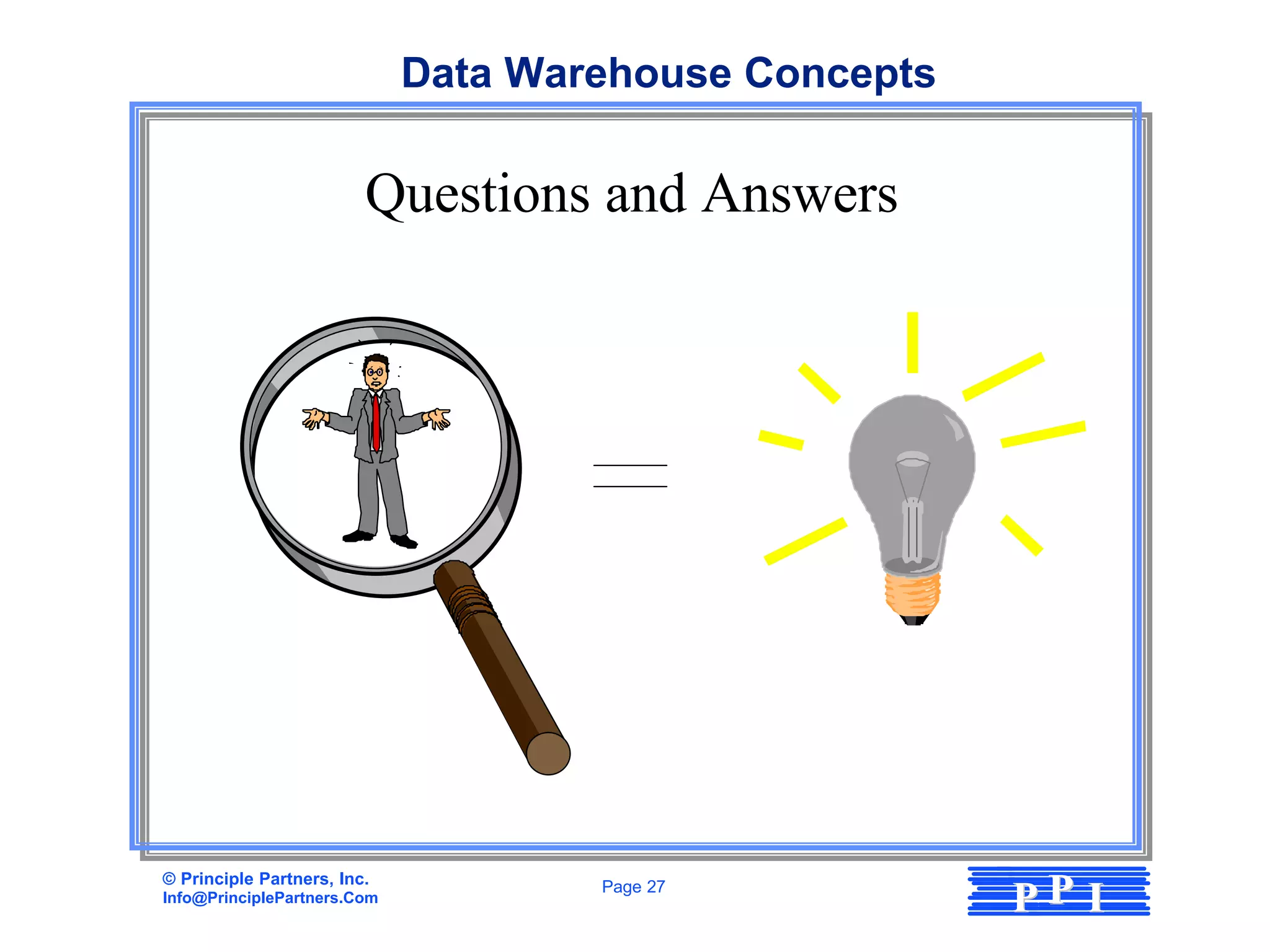 Data Warehouse Concepts

                         Questions and Answers




© Principle Partners, Inc.
Info@PrinciplePartners.Com
                                     Page 27
                                                       PP I
 