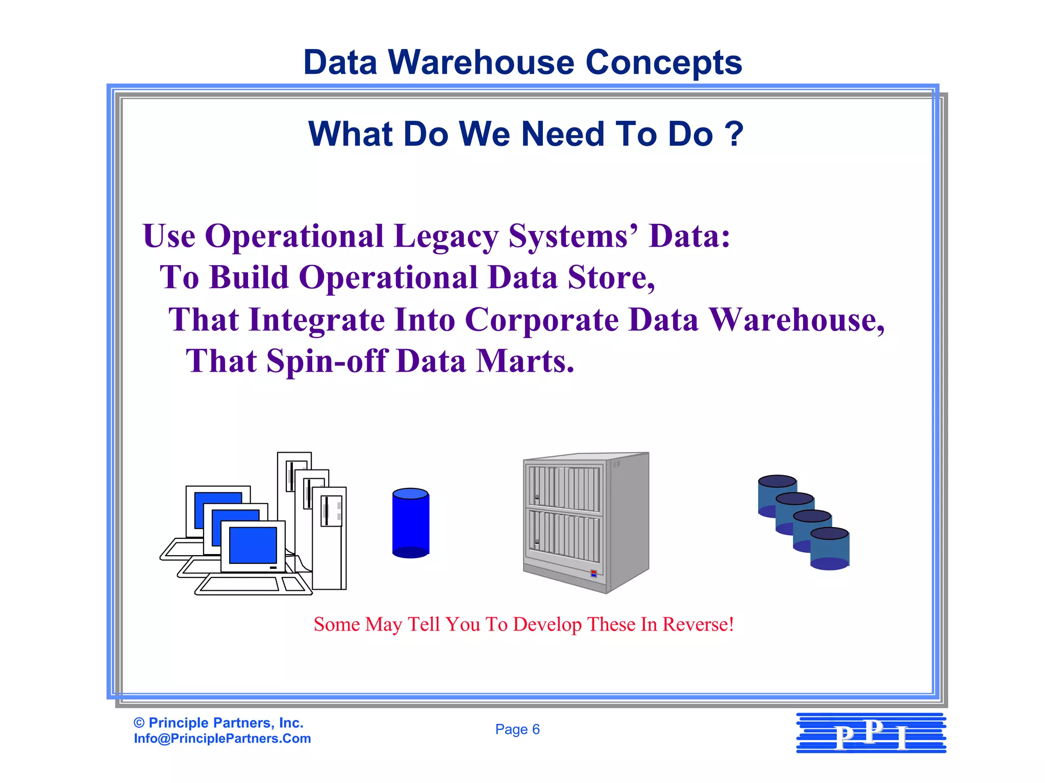 Data Warehouse Concepts

                             What Do We Need To Do ?

 Use Operational Legacy Systems’ Data:
  To Build Operational Data Store,
  That Integrate Into Corporate Data Warehouse,
   That Spin-off Data Marts.




                             Some May Tell You To Develop These In Reverse!



© Principle Partners, Inc.
Info@PrinciplePartners.Com
                                                Page 6
                                                                              PP I
 