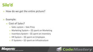 Silo’d
» How do we get the entire picture?


» Example:
  » Cost of Sales?
     » Sales system – Sale Price
     » Marketing System – $$ spent on Marketing
     » Inventory System – $$ spent on inventory
     » HR System – $$ spent on Employee
     » IT Systems – $$ spent on Infrastructure
 
