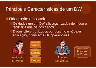 Principais Características de um DW

 Orientação a assunto
   Os dados em um DW são organizados de modo a
   facilitar a análise dos dados
   Dados são organizados por assunto e não por
   aplicação, como em BDs operacionais

              Produtos

                                        Histórico
              Clientes
                                        de Vendas
  Aplicação                 Análise
  de Venda    Estoque      de Vendas
 