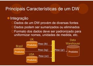 Principais Características de um DW

  Integração
    Dados de um DW provém de diversas fontes
    Dados podem ser sumarizados ou eliminados
    Formato dos dados deve ser padronizado para
    uniformizar nomes, unidades de medida, etc.
                 UK                                   Data
                                      C
               Produtos Peso (lb)     o             Warehouse
     Brasil                           n
                          Peso (kg)   v Peso (gr)
    Produtos                          e              Produtos
                USA                   r
                          Peso (oz)   s
                                      ã
               Produtos               o
 