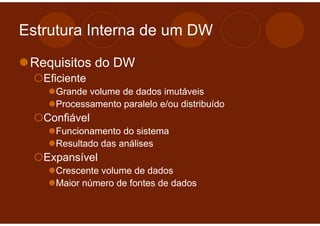 Estrutura Interna de um DW

 Requisitos do DW
   Eficiente
     Grande volume de dados imutáveis
     Processamento paralelo e/ou distribuído
   Confiável
     Funcionamento do sistema
     Resultado das análises
   Expansível
     Crescente volume de dados
     Maior número de fontes de dados
 