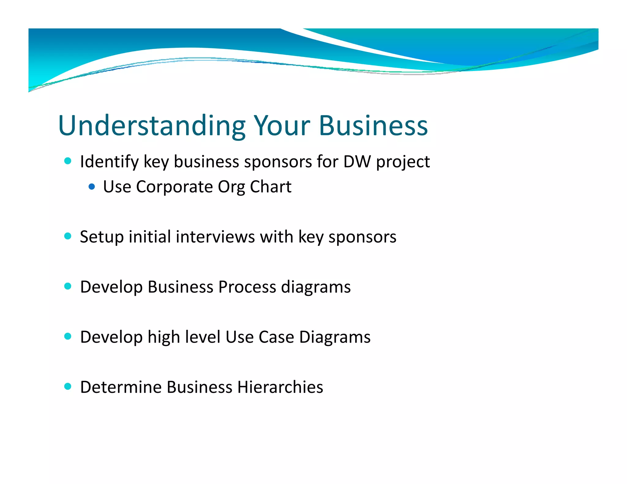 Understanding Your Business
 Identify key business sponsors for DW project 
    Use Corporate Org Chart 


 Setup initial interviews with key sponsors

 Develop Business Process diagrams

D
 Develop high level Use Case Diagrams
     l hi h l l U C          Di

 Determine Business Hierarchies
 