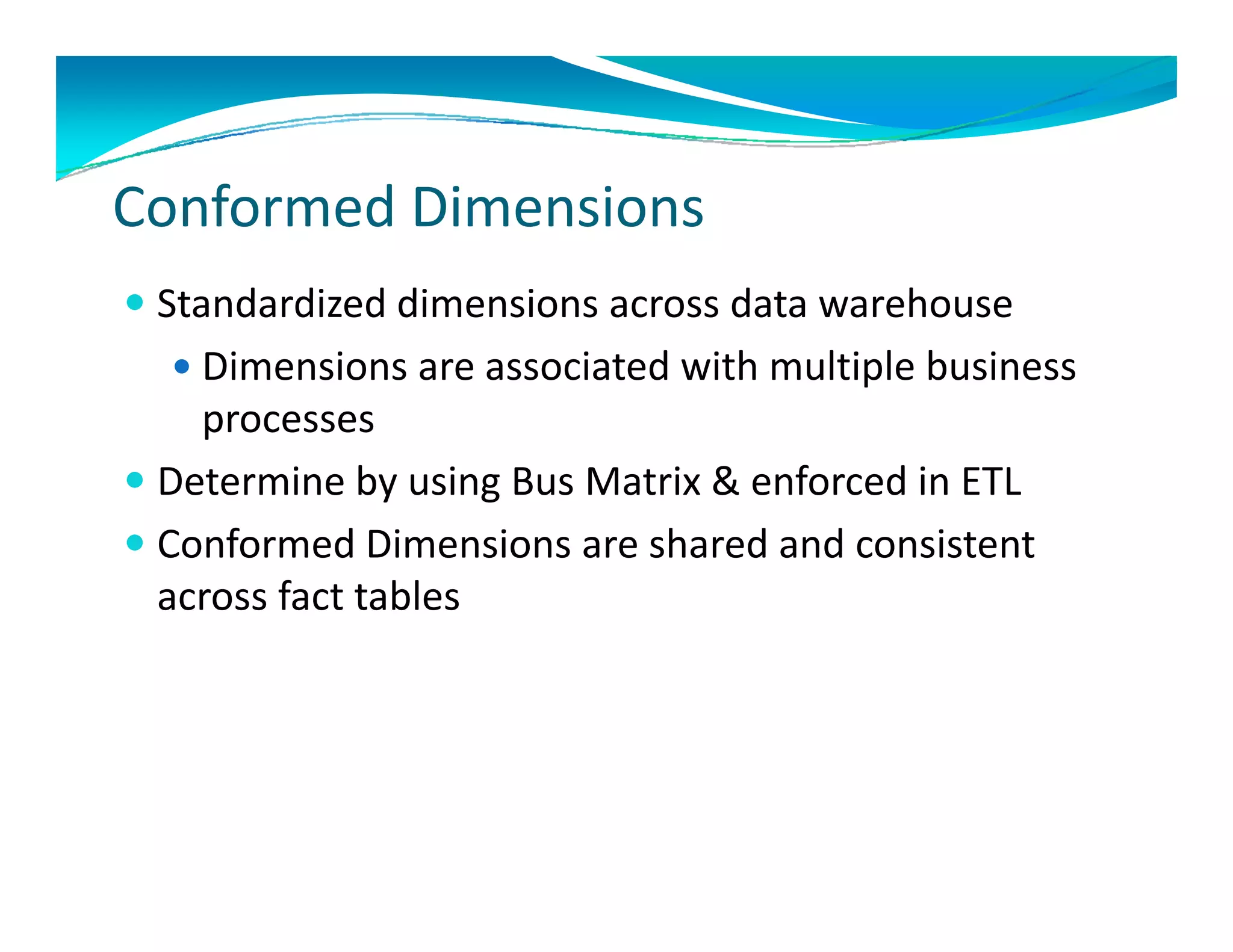 Conformed Dimensions
 Standardized dimensions across data warehouse
  St d di d di       i           d t      h
   Dimensions are associated with multiple business 
    processes
 Determine by using Bus Matrix & enforced in ETL
C f
  Conformed Dimensions are shared and consistent 
            d Di     i       h d d          it t
  across fact tables
 