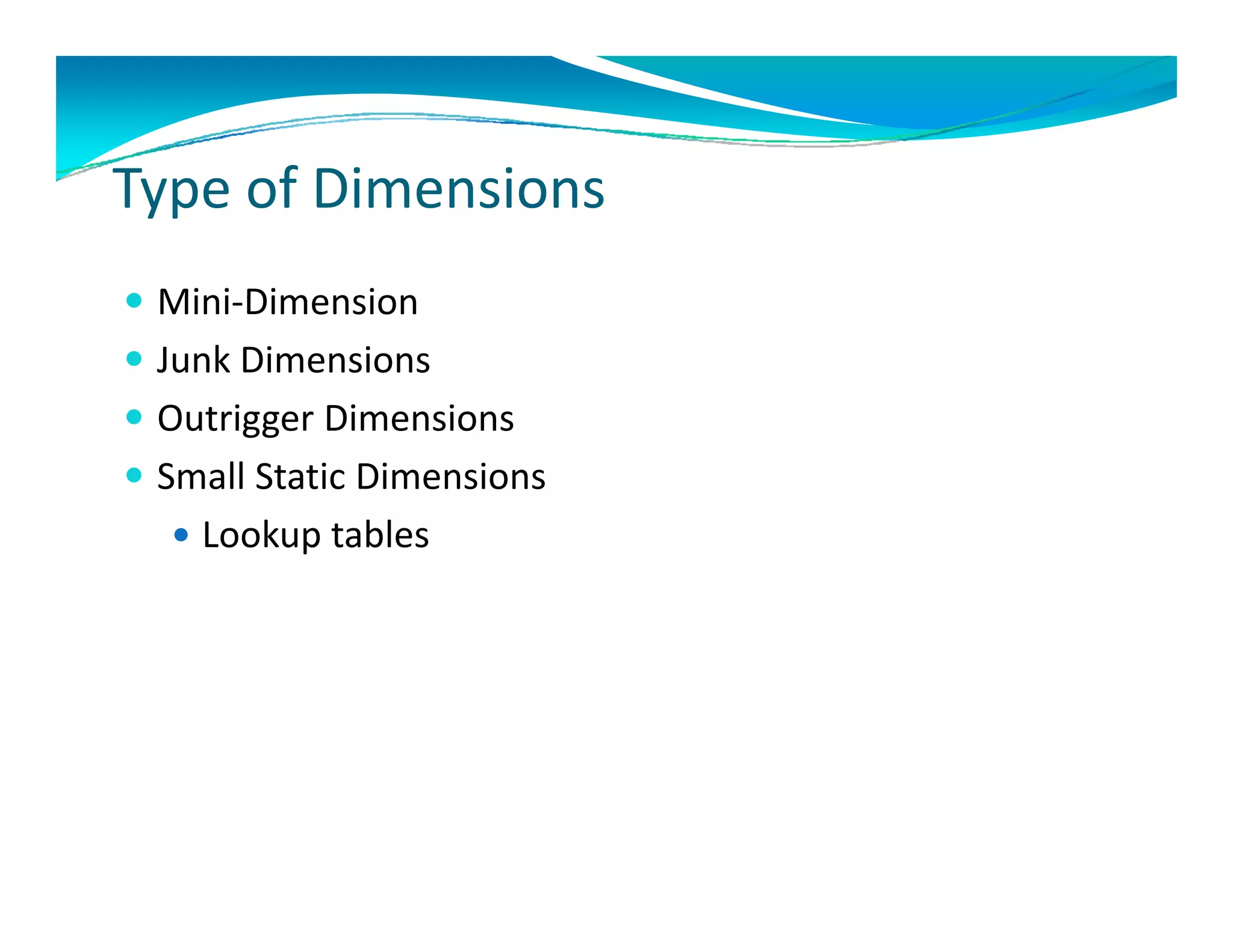 T     f Di    i
Type of Dimensions
 Mini‐Dimension
  Mini Dimension
 Junk Dimensions
 Outrigger Dimensions
  Outrigger Dimensions
 Small Static Dimensions
   Lookup tables
    Lookup tables
 
