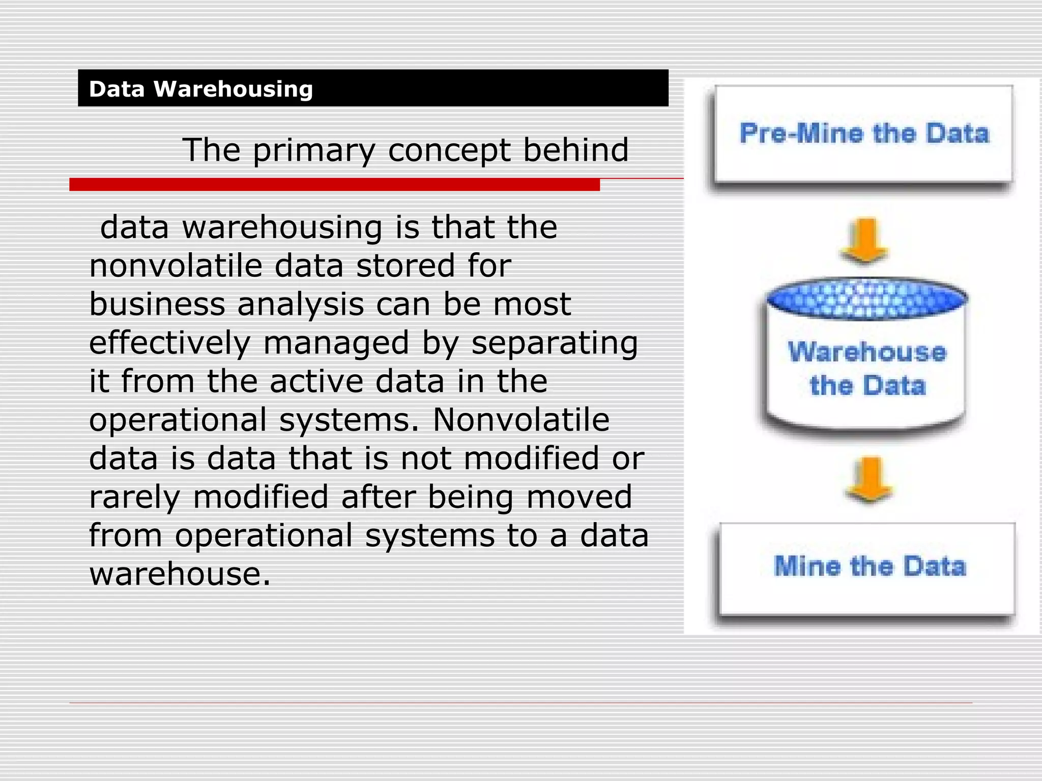 Data Warehousing
The primary concept behind
data warehousing is that the
nonvolatile data stored for
business analysis can be most
effectively managed by separating
it from the active data in the
operational systems. Nonvolatile
data is data that is not modified or
rarely modified after being moved
from operational systems to a data
warehouse.
 
