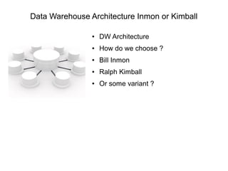 Data Warehouse Architecture Inmon or Kimball
● DW Architecture
● How do we choose ?
● Bill Inmon
● Ralph Kimball
● Or some variant ?
 