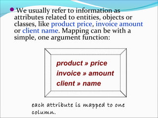 We usually refer to information as
 attributes related to entities, objects or
 classes, like product price, invoice amount
 or client name. Mapping can be with a
 simple, one argument function:


               product » price
               invoice » amount
               client » name

       each attribute is mapped to one
       column.
 