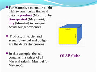 For example, a company might
  wish to summarize financial
  data by product (Maruthi), by
  time-period (May 2006), by
  city (Mumbai) to compare
  actual budget expenses.

 Product, time, city and
  scenario (actual and budget)
  are the data's dimensions.

In this example, the cell
  contains the values of all      OLAP Cube
  Maruthi sales in Mumbai for
  May 2006.
 