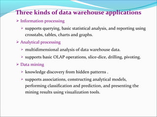 Three kinds of data warehouse applications
 Information processing
     supports querying, basic statistical analysis, and reporting using
      crosstabs, tables, charts and graphs.
 Analytical processing
     multidimensional analysis of data warehouse data.
     supports basic OLAP operations, slice-dice, drilling, pivoting.
 Data mining
     knowledge discovery from hidden patterns .
     supports associations, constructing analytical models,
      performing classification and prediction, and presenting the
      mining results using visualization tools.
 