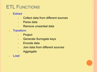 ETL FUNCTIONS 
 Extract 
– Collect data from different sources 
– Parse data 
– Remove unwanted data 
 Transform 
– Project 
– Generate Surrogate keys 
– Encode data 
– Join data from different sources 
– Aggregate 
 Load 
 