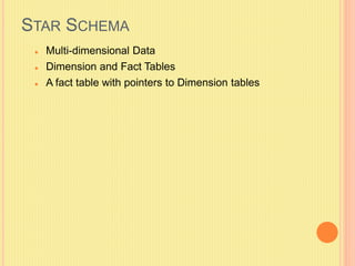 STAR SCHEMA 
 Multi-dimensional Data 
 Dimension and Fact Tables 
 A fact table with pointers to Dimension tables 
 