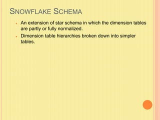 SNOWFLAKE SCHEMA 
 An extension of star schema in which the dimension tables 
are partly or fully normalized. 
 Dimension table hierarchies broken down into simpler 
tables. 
 