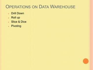 OPERATIONS ON DATAWAREHOUSE 
 Drill Down 
 Roll up 
 Slice & Dice 
 Pivoting 
 