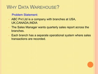 WHY DATA WAREHOUSE? 
Problem Statement: 
• ABC Pvt Ltd is a company with branches at USA, 
UK,CANADA,INDIA 
• The Sales Manager wants quarterly sales report across the 
branches. 
• Each branch has a separate operational system where sales 
transactions are recorded. 
 