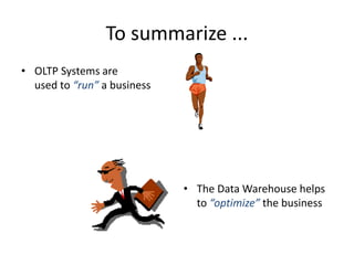 To summarize ...
• OLTP Systems are
used to “run” a business
• The Data Warehouse helps
to “optimize” the business
 