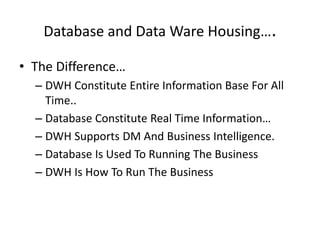 Database and Data Ware Housing….
• The Difference…
– DWH Constitute Entire Information Base For All
Time..
– Database Constitute Real Time Information…
– DWH Supports DM And Business Intelligence.
– Database Is Used To Running The Business
– DWH Is How To Run The Business
 