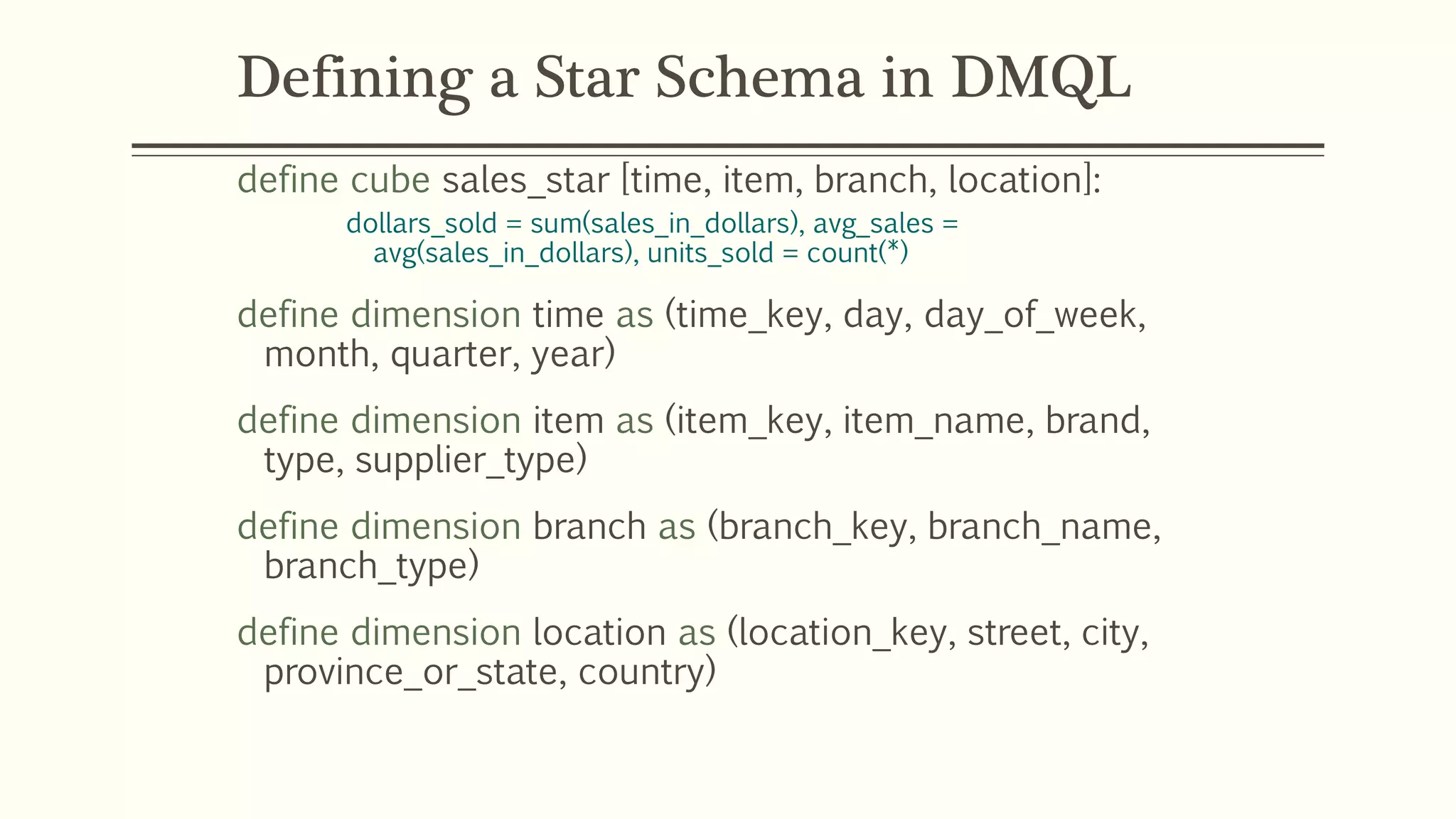 Defining a Star Schema in DMQL
define cube sales_star [time, item, branch, location]:
dollars_sold = sum(sales_in_dollars), avg_sales =
avg(sales_in_dollars), units_sold = count(*)
define dimension time as (time_key, day, day_of_week,
month, quarter, year)
define dimension item as (item_key, item_name, brand,
type, supplier_type)
define dimension branch as (branch_key, branch_name,
branch_type)
define dimension location as (location_key, street, city,
province_or_state, country)
 