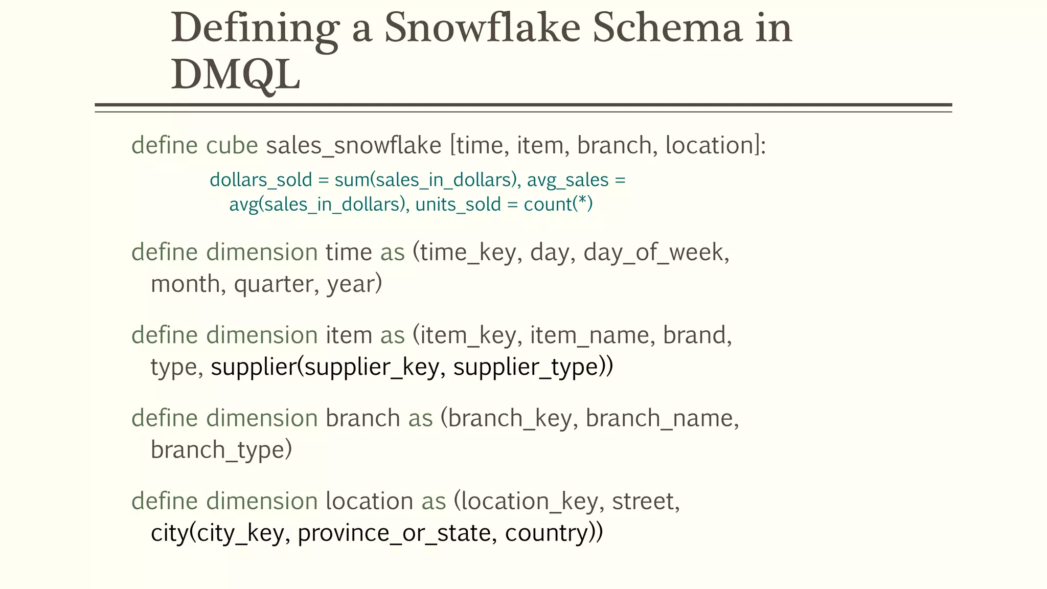 Defining a Snowflake Schema in
DMQL
define cube sales_snowflake [time, item, branch, location]:
dollars_sold = sum(sales_in_dollars), avg_sales =
avg(sales_in_dollars), units_sold = count(*)
define dimension time as (time_key, day, day_of_week,
month, quarter, year)
define dimension item as (item_key, item_name, brand,
type, supplier(supplier_key, supplier_type))
define dimension branch as (branch_key, branch_name,
branch_type)
define dimension location as (location_key, street,
city(city_key, province_or_state, country))
 