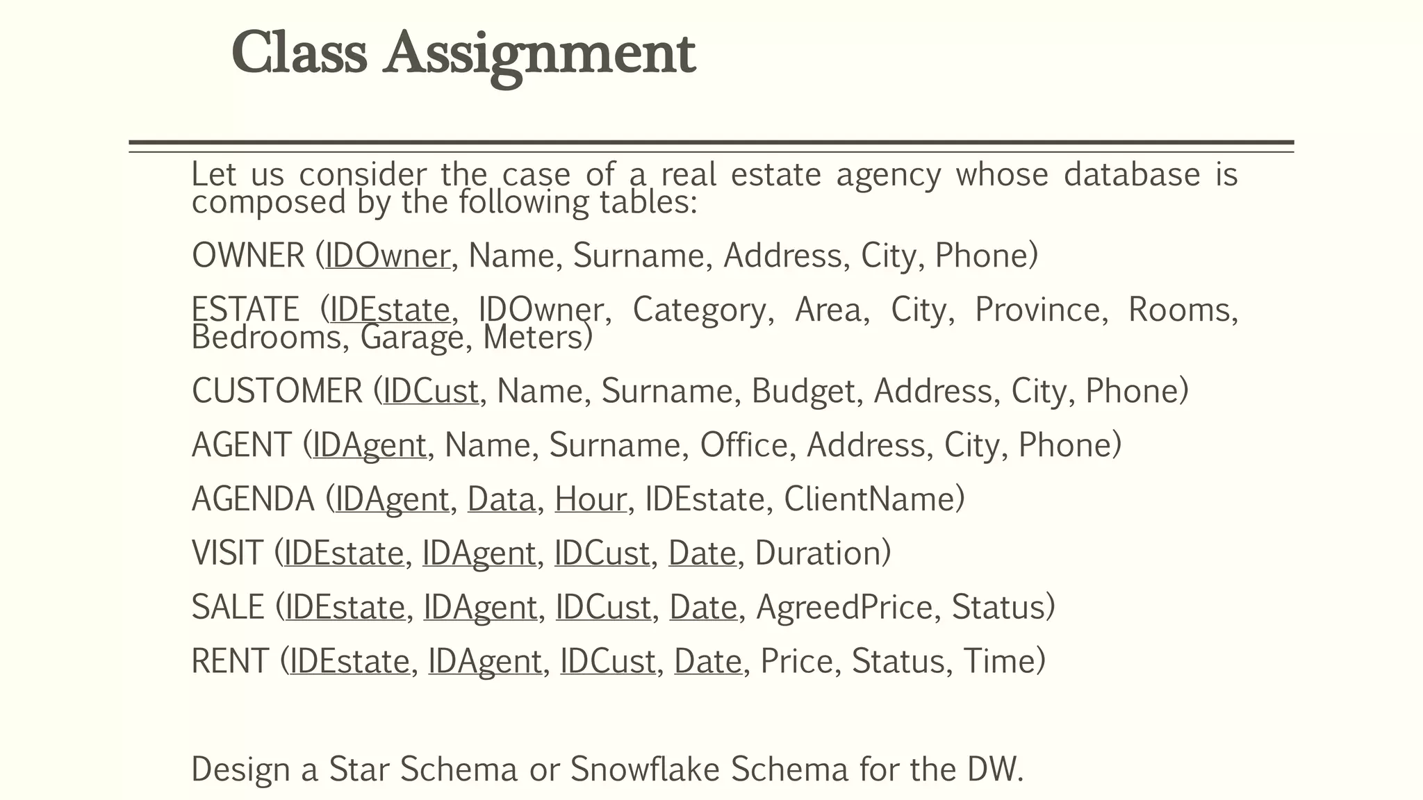 Let us consider the case of a real estate agency whose database is
composed by the following tables:
OWNER (IDOwner, Name, Surname, Address, City, Phone)
ESTATE (IDEstate, IDOwner, Category, Area, City, Province, Rooms,
Bedrooms, Garage, Meters)
CUSTOMER (IDCust, Name, Surname, Budget, Address, City, Phone)
AGENT (IDAgent, Name, Surname, Office, Address, City, Phone)
AGENDA (IDAgent, Data, Hour, IDEstate, ClientName)
VISIT (IDEstate, IDAgent, IDCust, Date, Duration)
SALE (IDEstate, IDAgent, IDCust, Date, AgreedPrice, Status)
RENT (IDEstate, IDAgent, IDCust, Date, Price, Status, Time)
Design a Star Schema or Snowflake Schema for the DW.
Class Assignment
 